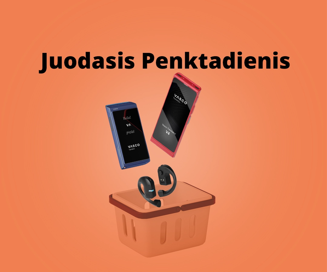 Į pirkinių krepšelį oranžiniame fone įkrenta „Vasco V4“, „Q1“, „M3“ ir „E1“ vertėjai. Fone užrašas „Black weeks“.